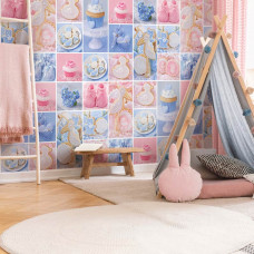 Fototapete mit bunten rosa und blauen Cupcakes, geeignet für Baby- und Kinderzimmer.