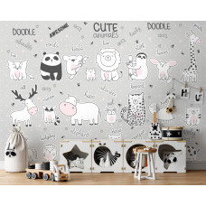 Eine Fototapete mit niedlichen Tieren für Kinder im Baby- und Kinderzimmer.