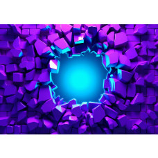 Fotobehang met paarse muurfragmenten die exploderen rond een felblauw lichtpunt in een futuristisch ontwerp.