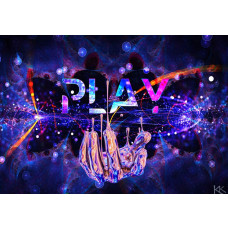 Fotobehang met de tekst Play en een futuristische hand eronder in een kunstzinnig, digitaal ontwerp.