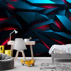 Fotobehang met zwarte vlakken en rode neonlijnen, toegepast in een gamekamer met een high-tech en digitale uitstraling.