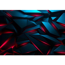Fotobehang met scherpe zwarte fragmenten en oplichtende rode lijnen in een futuristisch 3D-ontwerp met blauwe accenten.