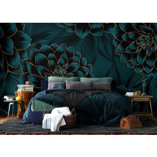 Eine elegante Fototapete mit Dahlien mit goldenen Akzenten im Schlafzimmer, schafft ein luxuriöses und beruhigendes Ambiente.