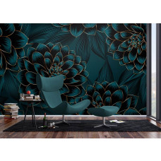 Eine stilvolle Fototapete mit Dahlien mit goldenen Akzenten in einem modernen Wohnzimmer, kombiniert Natur mit Luxus.