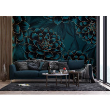 Fototapete mit Dahlien mit goldenen Akzenten im Wohnzimmer, bringt eine schicke und lebendige Atmosphäre.