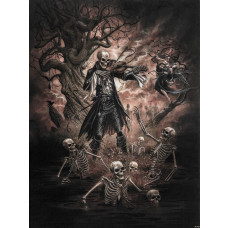 Fototapete eines Totentanzes mit Totenköpfen, dunkle Atmosphäre.