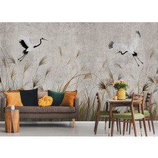 Ein Fototapet von tanzenden Kranichen über hohem Gras in einem Esszimmer mit Beton.