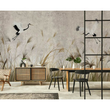 Ein Fototapet von tanzenden Kranichen über hohem Gras in einem Wohnzimmer mit Beton.