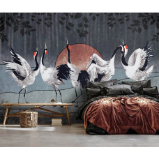 Fototapete mit tanzenden Kranichen im Vliestapetenstil für ein Schlafzimmer.