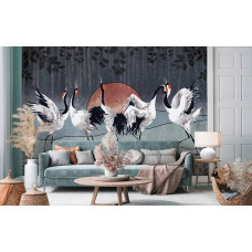 Fototapete mit tanzenden Kranichen in einem stilvollen Wohnzimmer.