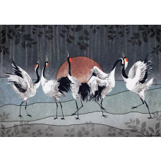 Fototapete mit tanzenden Kranichen in einer künstlerischen Komposition.