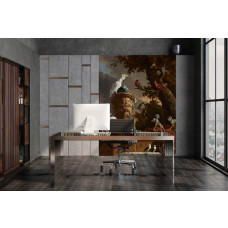 Fototapete in einem Büro mit einer lebendigen Sammlung exotischer Tiere und Vögel, darunter Totenkopfaffen, Kakadus, ein Rotbartpapagei und ein Frauenloris, inspiriert von dem Gemälde 