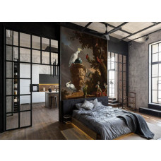 Fototapete in einem Schlafzimmer mit einer lebendigen Sammlung exotischer Tiere und Vögel, darunter Totenkopfaffen, Kakadus, ein Rotbartpapagei und ein Frauenloris, inspiriert von dem Gemälde 