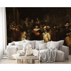 Ein Wohnzimmer mit einer Fototapete des Gemäldes aus dem Rijksmuseum: Die Nachtwache von Rembrandt van Rijn.