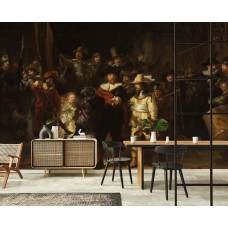 Ein Büro mit einer Fototapete des Gemäldes aus dem Rijksmuseum: Die Nachtwache von Rembrandt van Rijn.