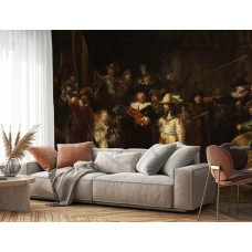 Fototapete in einem Wohnzimmer mit dem Gemälde aus dem Rijksmuseum: Die Nachtwache von Rembrandt van Rijn.