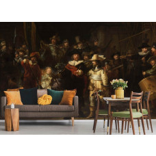 Fototapete in einem stilvollen Wohnzimmer mit dem Meisterwerk aus dem Rijksmuseum: Die Nachtwache von Rembrandt van Rijn.
