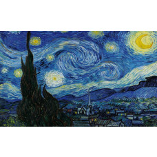Die sternenklare Nacht von Vincent van Gogh, dargestellt in einer abstrakten künstlerischen Fototapete mit leuchtenden Farben.