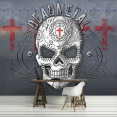 Eine Fototapete mit einem Metallschädel und alchemistischen Symbolen für das Büro.