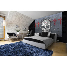 Eine Fototapete im Deathmetal-Stil mit Metallschädel für das Kinderzimmer.