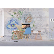 Eine Fototapete mit Blumen auf Holzregalen, die eine rustikale und charmante Atmosphäre in einem Büro schafft.