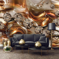 Eine Fototapete mit abstrakten Diamanten in luxuriöser Goldoptik, geeignet für das Wohnzimmer.