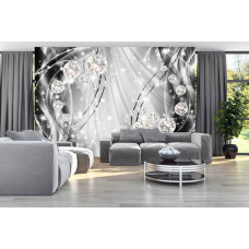 Eine Fototapete mit Diamanten auf silbernem Hintergrund für das Wohnzimmer.