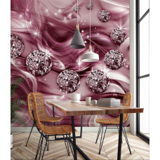 Eine Fototapete mit lila abstrakter Kunst mit schimmernden Goldakzenten, geeignet für das Wohnzimmer.