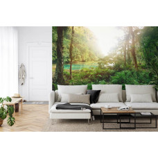 Ein Fototapete mit einer stimmungsvollen Darstellung eines tropischen Dschungels und Sees, ideal für ein Wohnzimmer.