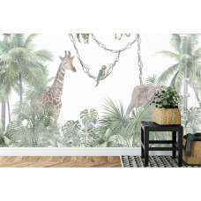 Eine Fototapete mit Dschungeltieren in einer kinderfreundlichen Umgebung.