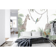 Eine Fototapete mit einem bunten Dschungel voller Tiere, die in einem Schlafzimmer angezeigt wird.