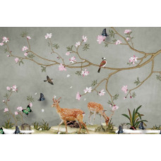 Tiere wie Rehe und Schmetterlinge, die sich im Frühling durch einen Wald voller blühender Blumen bewegen, abgebildet auf einer Fototapete.