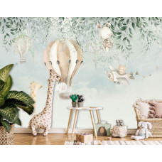 Fototapete Tiere in den Wolken mit einer Giraffe im Heißluftballon, geeignet für ein Babyzimmer.