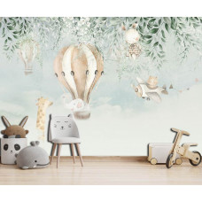 Fototapete Giraffe im Heißluftballon in einem verspielten Kinderzimmer.