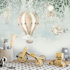 Fototapete Giraffe im Heißluftballon im Vliestapetenstil für ein Kinderzimmer.