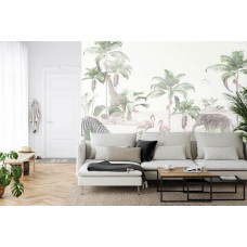 Eine Fototapete mit Dschungeltieren, dargestellt in einem Wohnzimmer.