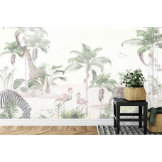 Eine Fototapete mit exotischen Dschungeltieren, dargestellt in einem Kinderzimmer.