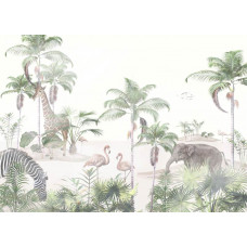 Tiere, die sich durch den dichten Dschungel bewegen, umgeben von üppiger Natur auf dieser tropischen Fototapete.