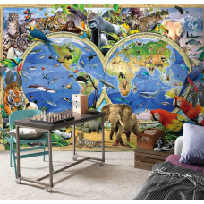 Eine Fototapete mit einer tierischen Weltkarte, geeignet für ein stimmungsvolles Schlafzimmer.