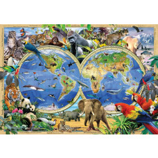 Weltkarte für Kinder mit Tieren wie Elefanten, Löwen und Eisbären, anschaulich und spielerisch dargestellt auf dieser Fototapete.