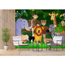 Eine Fototapete mit einer Tierparty im Dschungel in einem Dschungelzimmer.