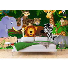 Eine Fototapete mit einer Tierparty im Dschungel in einem Kinderzimmer.