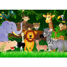 Eine Fototapete mit einer Tierparty im Dschungel.