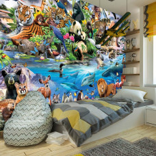 Eine Fototapete mit Zootieren, ideal für Kinderzimmer und Spielzimmer.