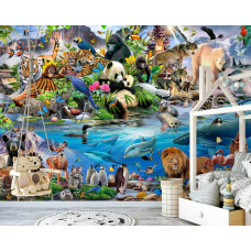 Eine Fototapete mit Zootieren, perfekt für ein verspieltes Kinderzimmer.