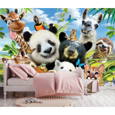 Eine Fototapete mit Zootieren in einem verspielten Selfie für ein Mädchenzimmer.