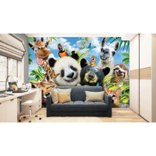 Eine Fototapete mit fröhlichen Zootieren in einer lustigen Umgebung, perfekt für ein Schlafzimmer.