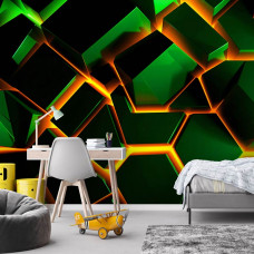 Fotobehang met digitaal hexagonpatroon en lava-effect, toegepast in een gamekamer met een futuristische en energieke uitstraling.