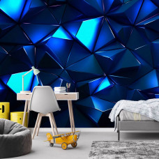 Fotobehang met blauwe digitale kristallen, toegepast in een gamekamer met een moderne en energieke uitstraling.