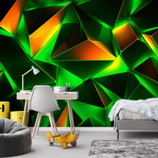 Fotobehang met schuine geometrische vormen en gloeiende neonkleuren, toegepast in een gamekamer met een krachtige digitale uitstraling.